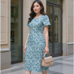 Alternative view of Mã D199 Đầm suôn chữ A gấm hoa nổi 3D sang trọng - cổ tròn