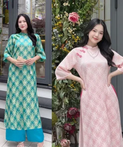 Áo Dài Gấm Cổ Trụ Phối Nút Tàu, Hoa Văn Thọ Dơi Ẩn AD072– Tinh Tế và Sang Trọng - Khánh Linh Style
