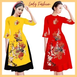 Alternative view of AD037 – Áo dài cách tân dáng xòe lụa mango in họa tiết chim hạc đậu trên cành đào