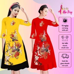 AD037 – Áo dài cách tân dáng xòe lụa mango in họa tiết chim hạc đậu trên cành đào