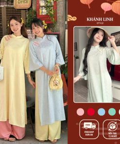 Áo dài cách tân dáng suông CƠ UYỂN, vải gấm phối cúc con sò áo dài Tết hotrend 2026 Khánh Linh Style